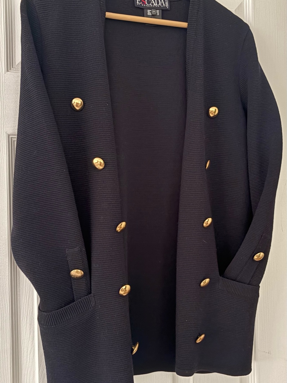 Escada Navy Double-Breasted Knit Blazer with Gold Buttons